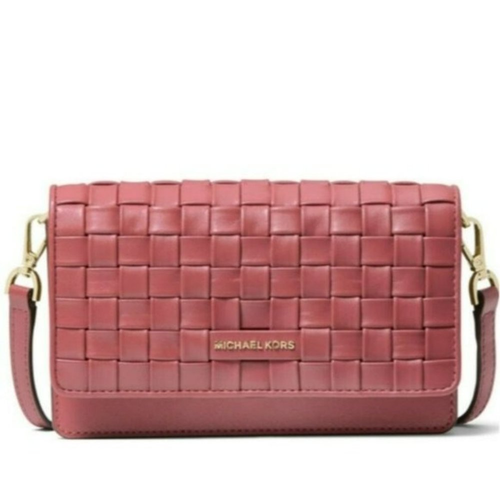 Michael Kors Jet Set Leather Woven Phone Crossbody - Picture 1 of 8